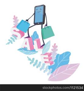 Online shopping, Big smartphone on sale text and leaf . Concept of mobile digital marketing and e-commerce