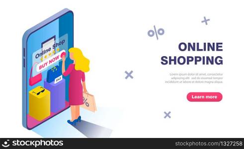 Online shopping buisness concept banner. Blond girl chooses goods in the online store.. Blond girl chooses goods in the online store.