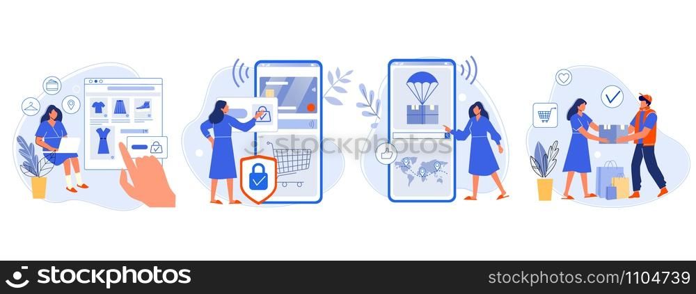 Online shopping. Buyer picked goods, paid for mobile banking, tracking parcel package and customer delivery. Online order flat vector illustration. Shopping with four steps. E purchase, internet store. Online shopping. Buyer picked goods, paid for mobile banking, tracking parcel package and customer delivery. Online order flat vector illustration. Purchase process with four steps. Shopper, e store