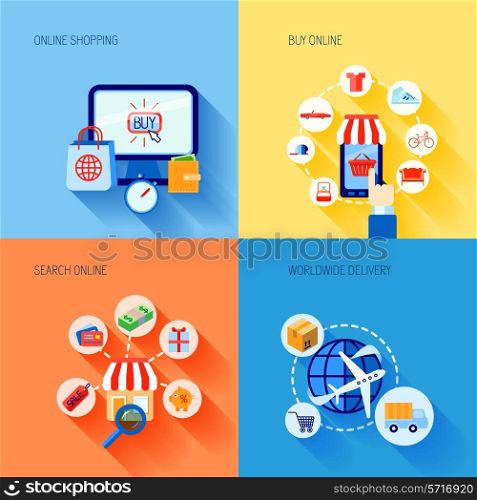 Online shopping buying e-commerce flat icons set with search worldwide delivery isolated vector illustration
