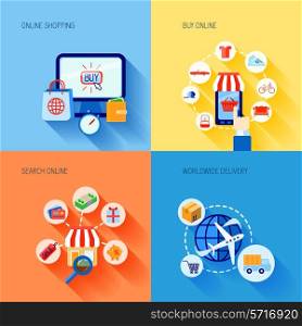 Online shopping buying e-commerce flat icons set with search worldwide delivery isolated vector illustration