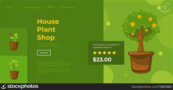 Online shopping buying house plants in internet. Flowers and bushes in pots, product information, catalog with reviews and rating. Website or webpage template, landing page flat style vector. House plant shop, products with reviews and info