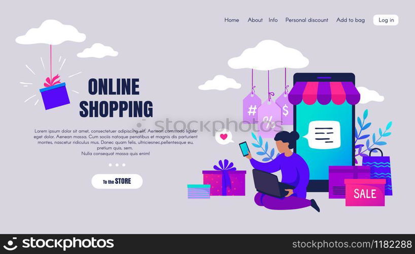 Online shopping. Cartoon people characters making online orders and buying via internet, e-commerce concept. Vector landing page