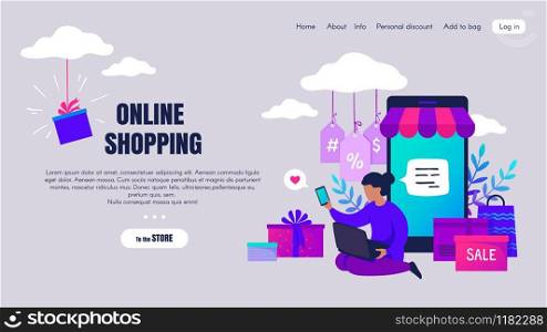 Online shopping. Cartoon people characters making online orders and buying via internet, e-commerce concept. Vector landing page