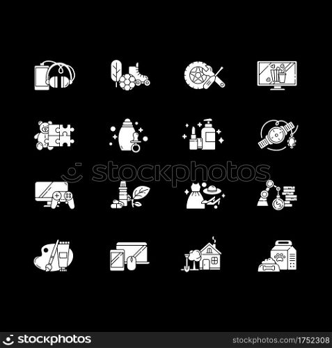 Online shopping category white glyph icons set for dark mode. E commerce department. Lifestyle products. Silhouette symbols on black background. Vector isolated illustration bundle. Online shopping category white glyph icons set for dark mode