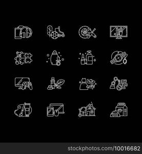 Online shopping category white linear icons set for dark theme. E commerce department. Night mode customizable thin line symbols. Isolated vector outline illustrations. Editable stroke. Online shopping category white linear icons set for dark theme