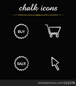 Online shopping chalk icons set. Buy and sale stickers, add to cart button, computer mouse cursor. Isolated vector chalkboard illustrations. Online shopping chalk icons set