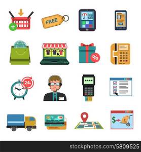 Online shopping commerce and marketing icons flat set isolated vector illustration. Online Icons Flat