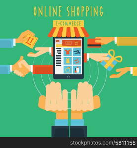 Online shopping commercial pictogram with credit bank card paying options hand concept poster flat abstract vector illustration. Online shopping hands concept print