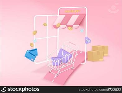 Online shopping concept 3d. retail and special offer discount with shopping cart, shopping bag digital marketing concept, surprise box. 3d render illustration. 