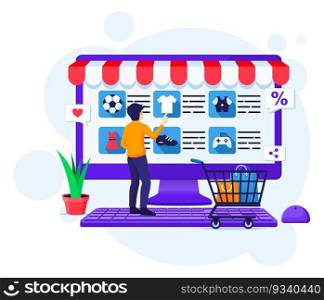 Online shopping concept, A man chooses and buys products in the online store vector illustration