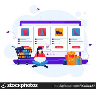 Online shopping concept, A woman chooses and buys products in the online store flat vector illustration