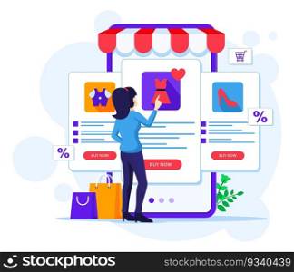 Online shopping concept, A woman chooses and buys products in the online mobile application store vector illustration