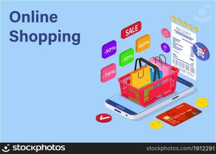 Online shopping concept. Buy in retail shop by internet. Discount sale. Vector illustration in flat style.. Online shopping concept.