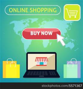 Online shopping concept design with notebook and buy now button on world map background vector illustration