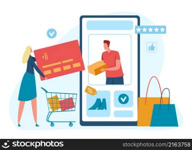 Online shopping concept, digital payments with card and phone. Vector payment buy in internet shop, digital business illustration. Online shopping concept, digital payments with card and phone