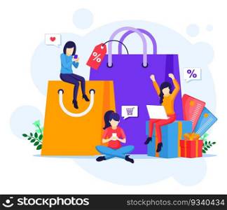 Online shopping concept, E-commerce with characters. Online Shopping concept flat vector illustration