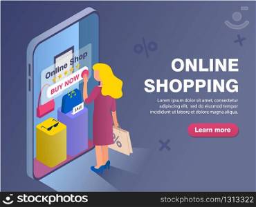 Online shopping concept. Flat isometric vector illustration isolated on dark background. Can use for web banner, infographics.. Flat isometric vector illustration isolated on dark background