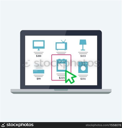 Online shopping concept. Flat vector icon. Modern laptop PC with with online store page on the screen . Online shopping concept