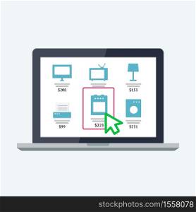 Online shopping concept. Flat vector icon. Modern laptop PC with with online store page on the screen . Online shopping concept