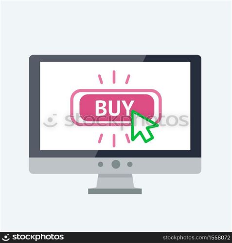 Online shopping concept. Flat vector Illustration. Modern computer PC with big BUY button on the screen. . Online shopping concept