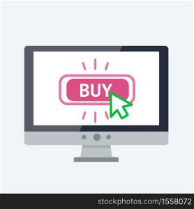 Online shopping concept. Flat vector Illustration. Modern computer PC with big BUY button on the screen. . Online shopping concept