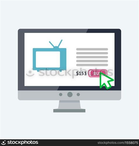 Online shopping concept. Flat vector Illustration. Modern computer with with online store page on the screen . Online shopping concept