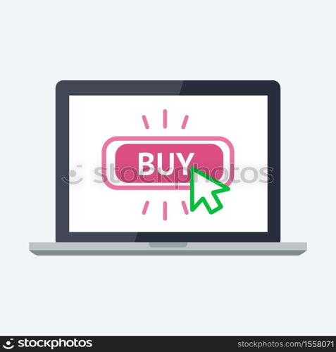 Online shopping concept. Flat vector Illustration. Modern laptop PC with big BUY button on the screen. . Online shopping concept