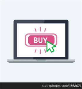 Online shopping concept. Flat vector Illustration. Modern laptop PC with big BUY button on the screen. . Online shopping concept