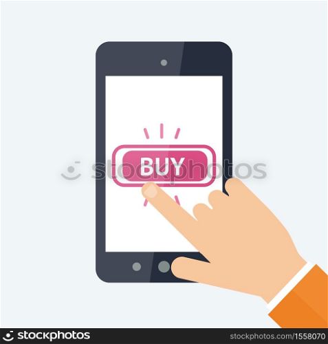 Online shopping concept. Flat vector Illustration. Modern smartphone with big BUY button on the screen. . Online shopping concept