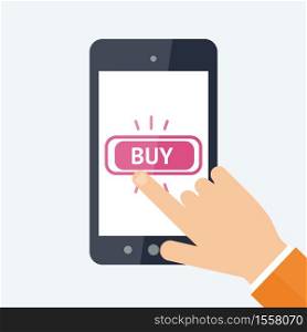Online shopping concept. Flat vector Illustration. Modern smartphone with big BUY button on the screen. . Online shopping concept