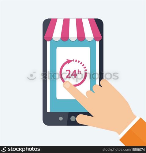 Online shopping concept. Flat vector Illustration. Modern smartphone with with online store facade on the screen. Web store market with purchasing product process. Online shopping concept