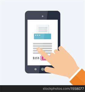 Online shopping concept. Flat vector Illustration. Modern smartphone with with online store page on the screen . Online shopping concept