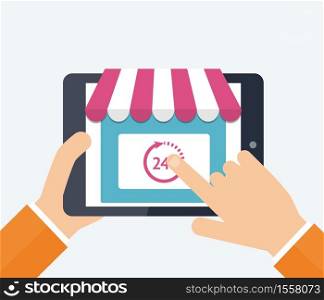 Online shopping concept. Flat vector Illustration. Modern tablet PC with with online store facade on the screen . Online shopping concept