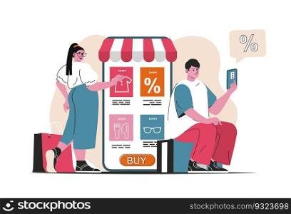 Online shopping concept isolated. Purchases in mobile app at discounted prices. People scene in flat cartoon design. Vector illustration for blogging, website, mobile app, promotional materials.