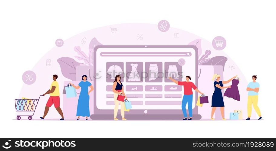 Online shopping concept. Marketing, happy consumer. Flat e-commerce, people purchase bags order and buy in fashion store utter vector scene. Illustration of e-commerce marketing, shopping marketplace. Online shopping concept. Marketing, happy consumer. Flat e-commerce, people with purchase bags order and buy in fashion store utter vector scene