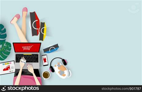 Online shopping concept of woman holding credit card and using laptop computer vector illustration