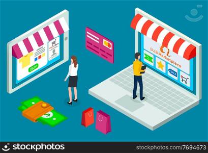 Online shopping concept. Opened laptop with awning, man sales manager in the field of B2B standing on keyboard. Internet store application. Shopper woman selects a product on the marketplace. Online shopping concept. Internet store application. man sales manager and shopper woman characters