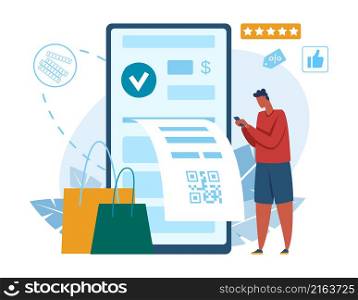 Online shopping concept, payment and get bill. Vector online payment, finance transfer for shopping, financial invoice illustration. Online shopping concept, payment and get bill