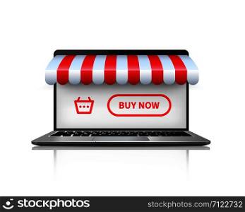 Online shopping concept. Realistic image open laptop buying and shopping online. Vector illustration ecommerce store concept on laptop screen with striped awning on white background. Online shopping concept. Realistic open laptop buying and shopping online. Ecommerce store concept on laptop screen with striped awning