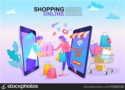 Online shopping concept. The man on the phone gave the woman a gift box. Buy through the app on your mobile device. Vector illustration in a flat style.