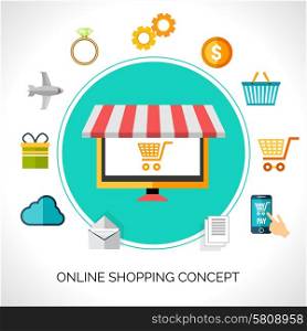 Online shopping concept with e-commerce flat decorative icons set vector illustration. Online Shopping Concept