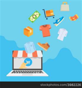Online shopping concept with laptop and goods flying into it. Vector illustration . Online shopping concept with laptop and goods flying into it.