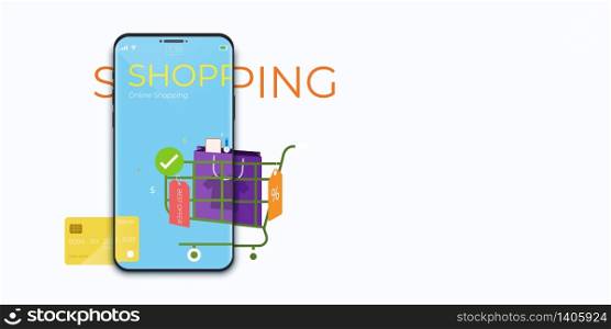 Online shopping concept with mobile application technology. Digital marketing and e-commerce. vector illustration