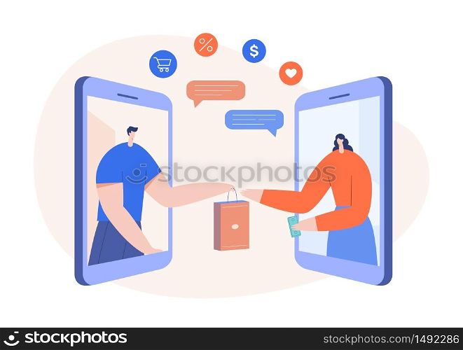 Online shopping concept with modern characters and smartphone. Man and woman buying goods in mobile application, ecommerce. Flat vector illustration. Use in web project and app.