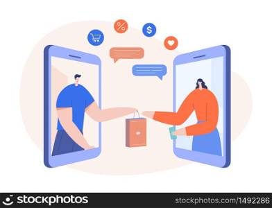 Online shopping concept with modern characters and smartphone. Man and woman buying goods in mobile application, ecommerce. Flat vector illustration. Use in web project and app.