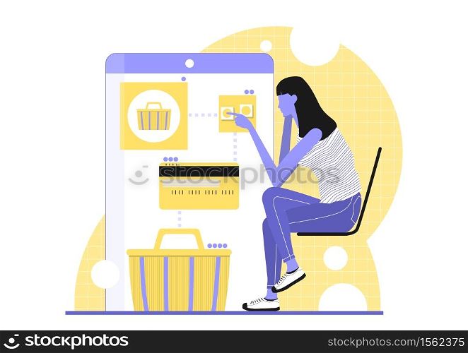 Online shopping concept. Woman shopping using a smartphone. Limited colour flat vector illustration.