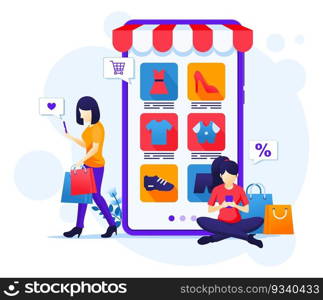 Online shopping concept, young women buying products in the online mobile application store flat vector illustration