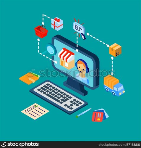 Online shopping customer support concept with computer and e-commerce isometric decorative icons vector illustration