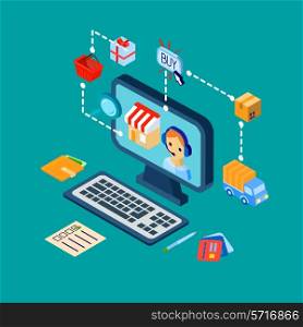 Online shopping customer support concept with computer and e-commerce isometric decorative icons vector illustration
